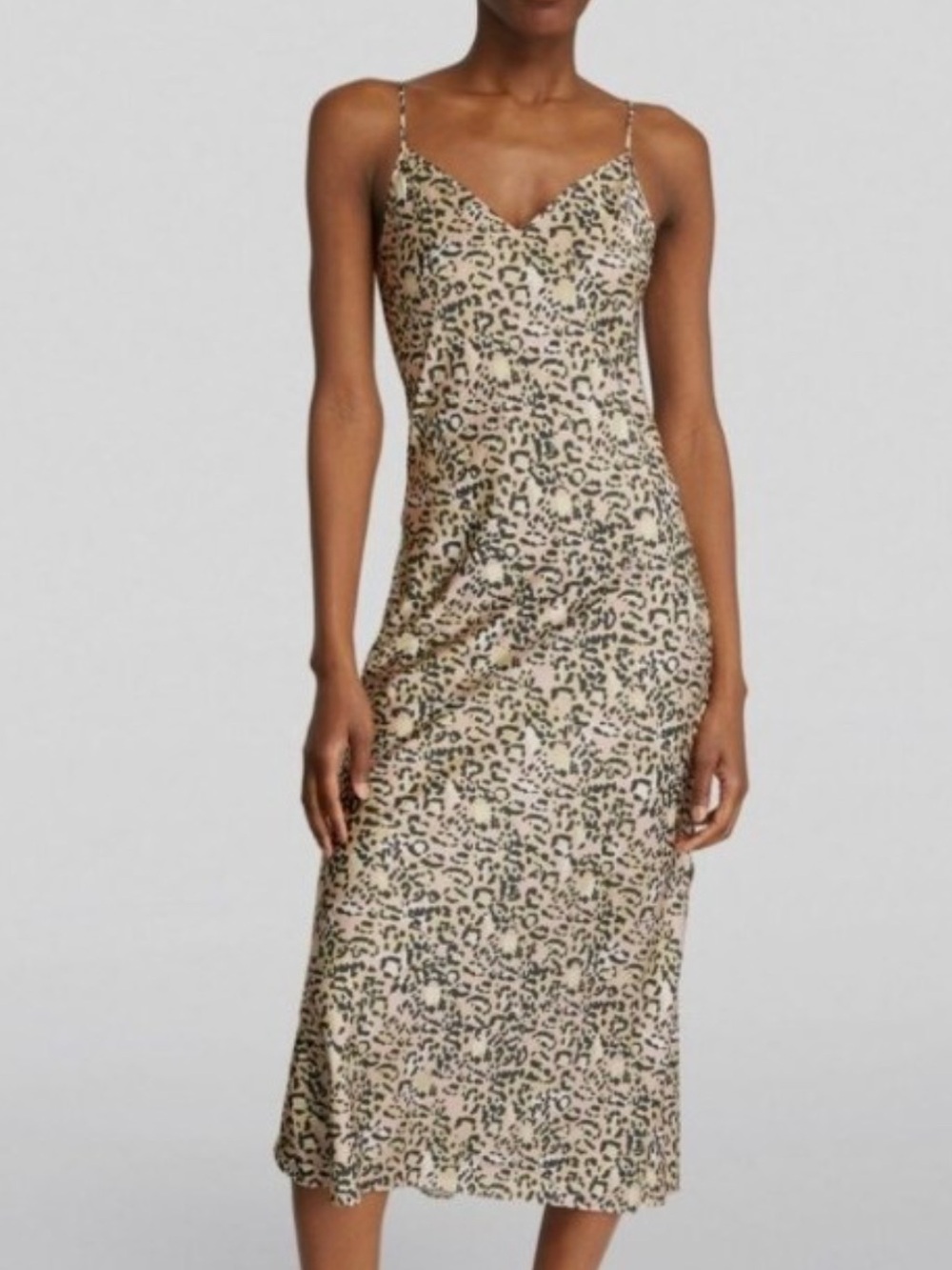 AllSaints Leopard-Print Slip Midi Dress in Beige and Black